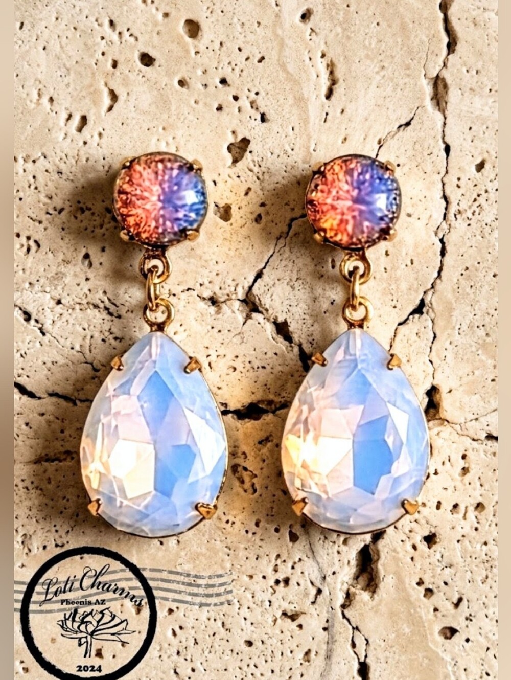 Pink Opal Flower And Fire Opal  Crystal In Drop Down Earrings